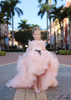 Pink Tulle Ruffled High Low Flower Girl Dress With Removable Train